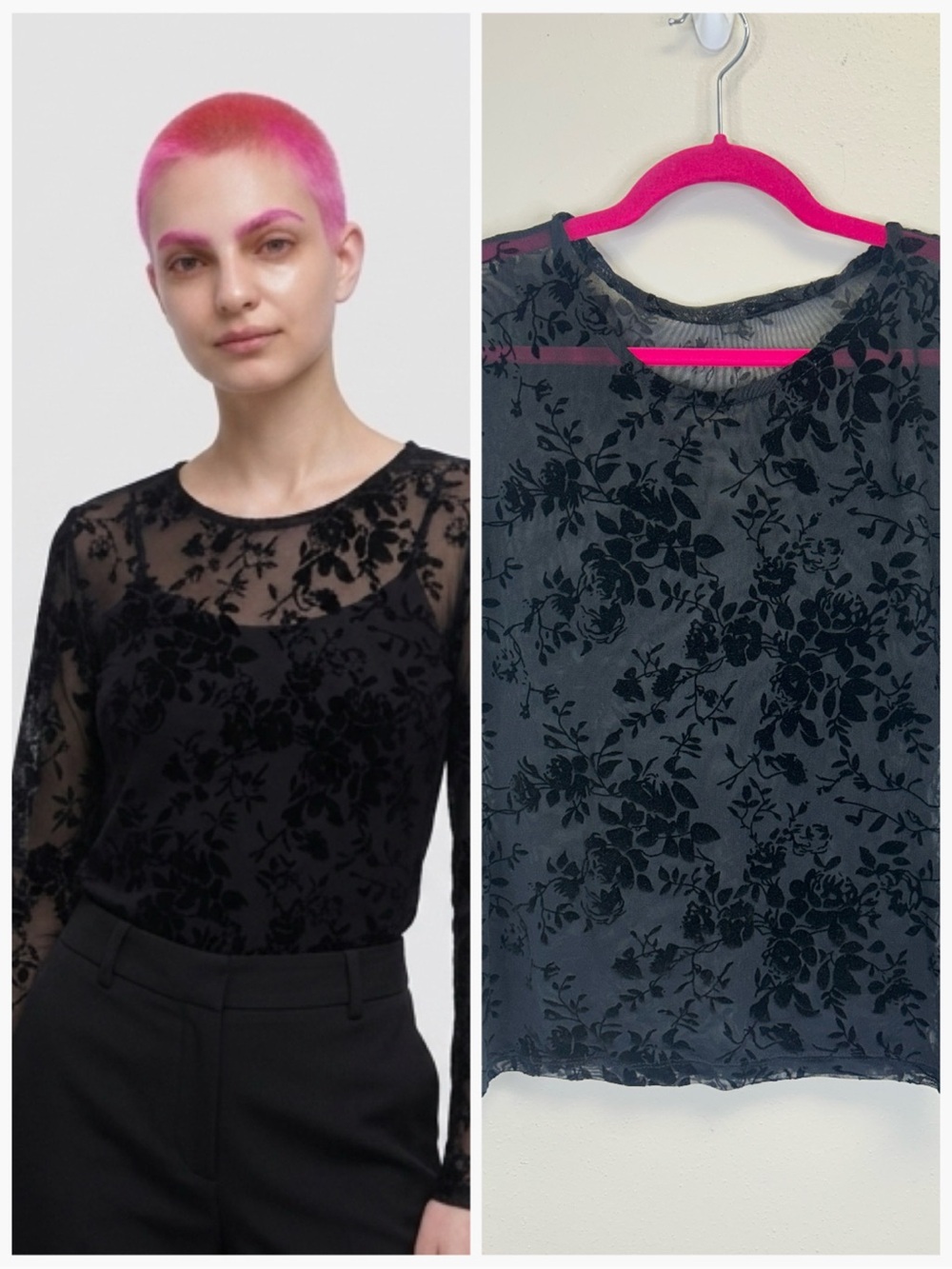 Goth Witchy Vampire Y2K Floral Velvet Burnout Sheer Long Sleeve Top Size S/M